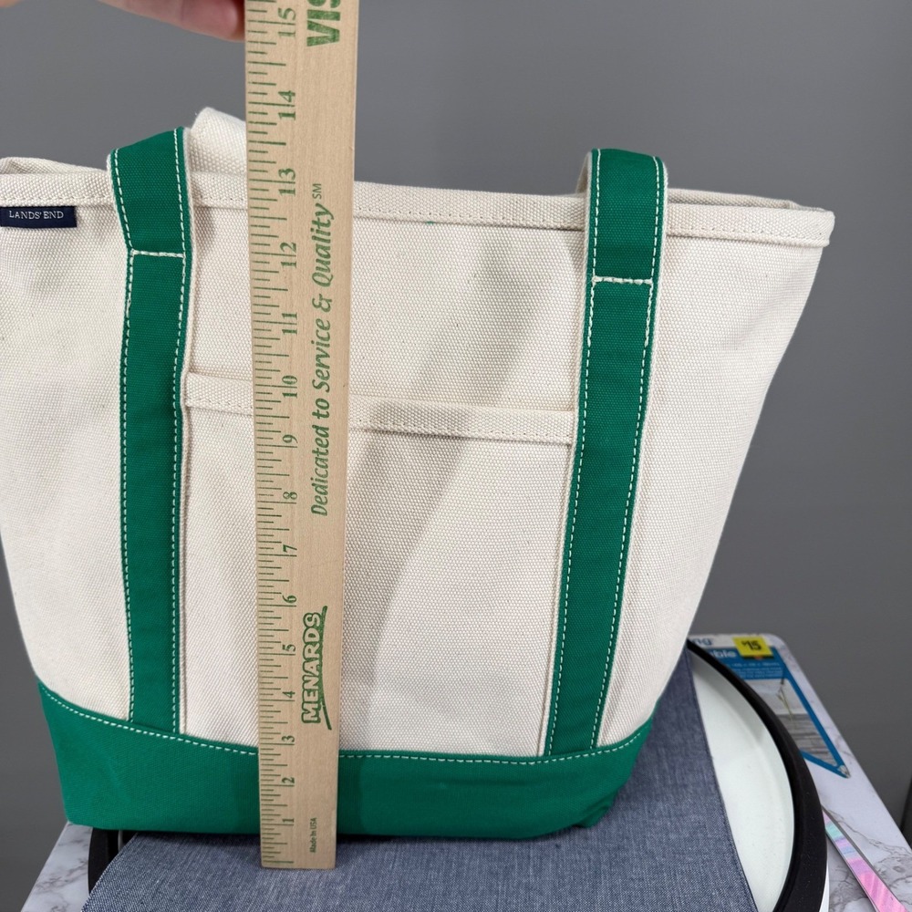 Lands End Medium Tote Bag 5 Pocket Zipper Green Natural Canvas *Has Embroidery - Picture 8 of 16